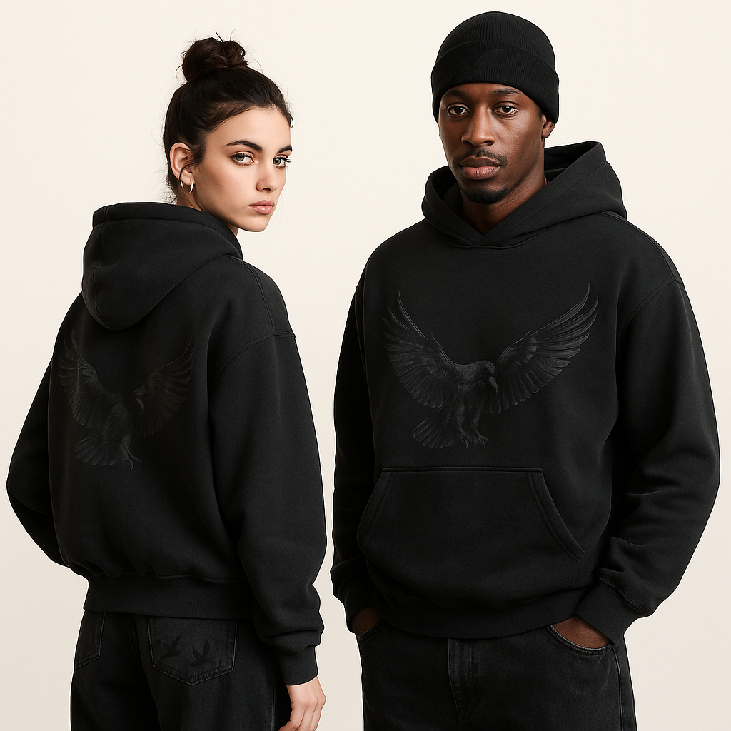 The Raven Hoodie by Versali — Premium heavyweight cotton hoodie with raven emblem