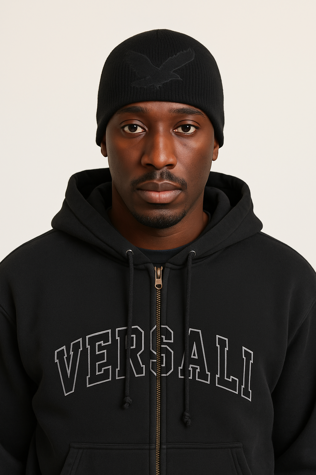 The Raven Toque Onyx by Versali — Deep onyx knit toque with raven emblem